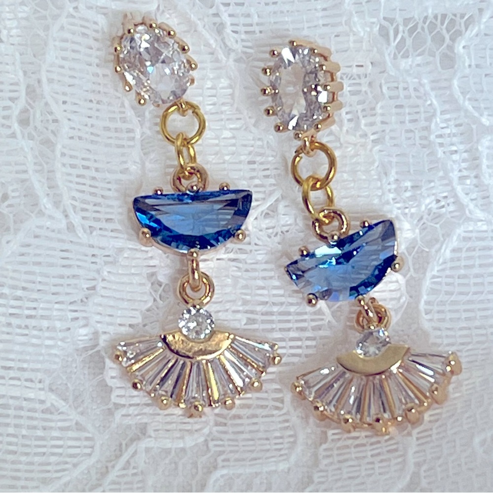 Handmade Blue and White Rhinestone Fan Dangle Earrings
